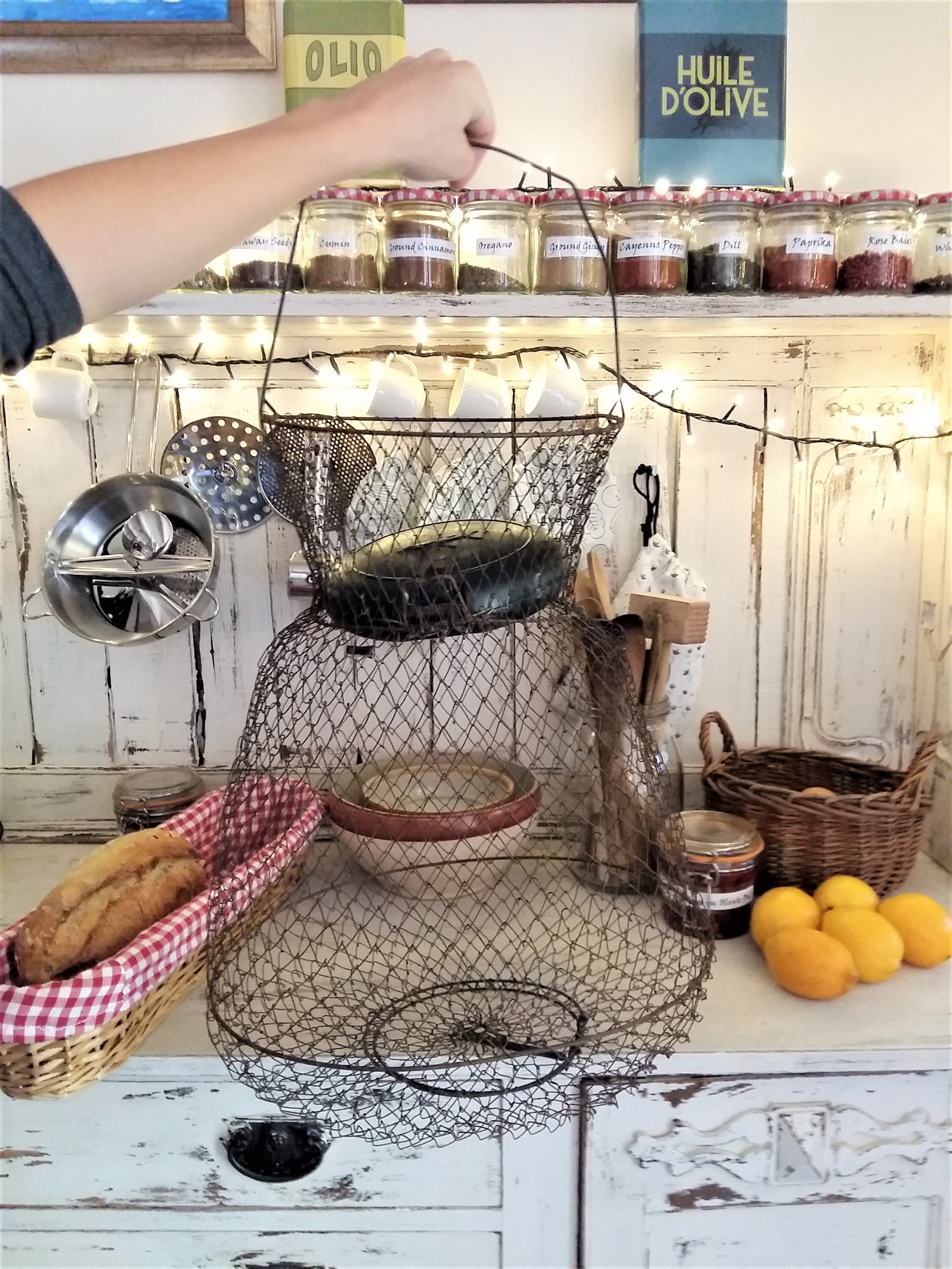 Enormous Wire Fishing Basket. Lidded, Collapsible, Wire Hanging