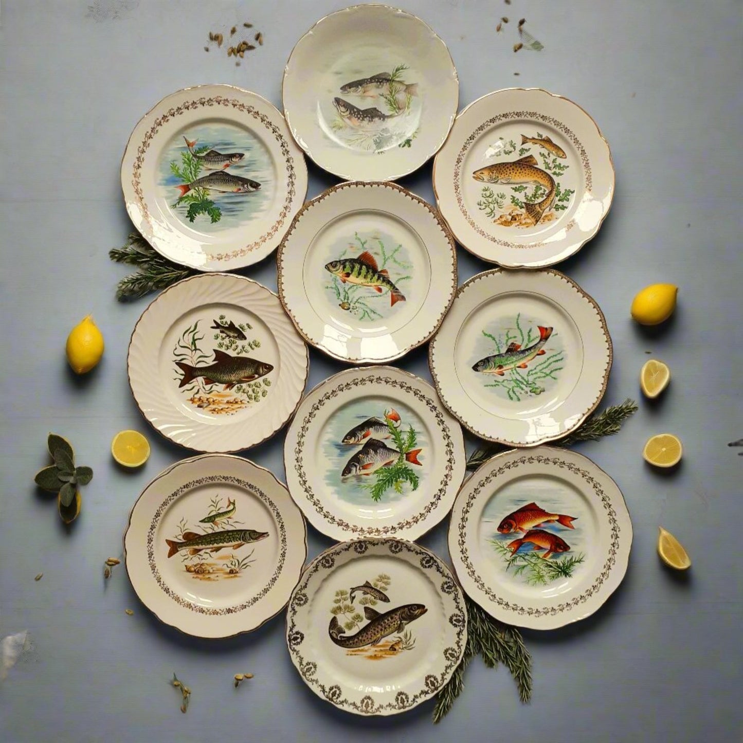 TEN Mix and Match Vintage Fish Plates from Tiggy and Pip - Just €240! Shop now at Tiggy and Pip