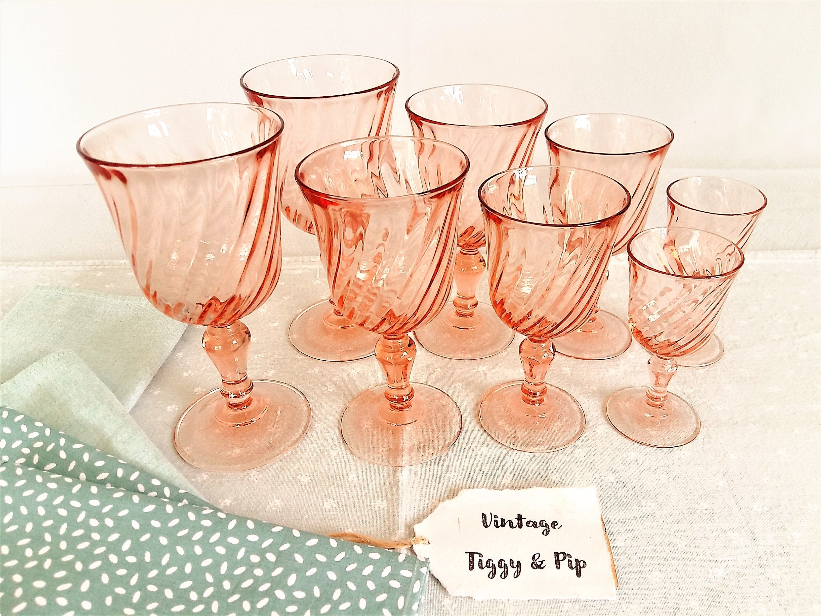Pink Glassware. EIGHT Vintage Glasses. from Tiggy and Pip