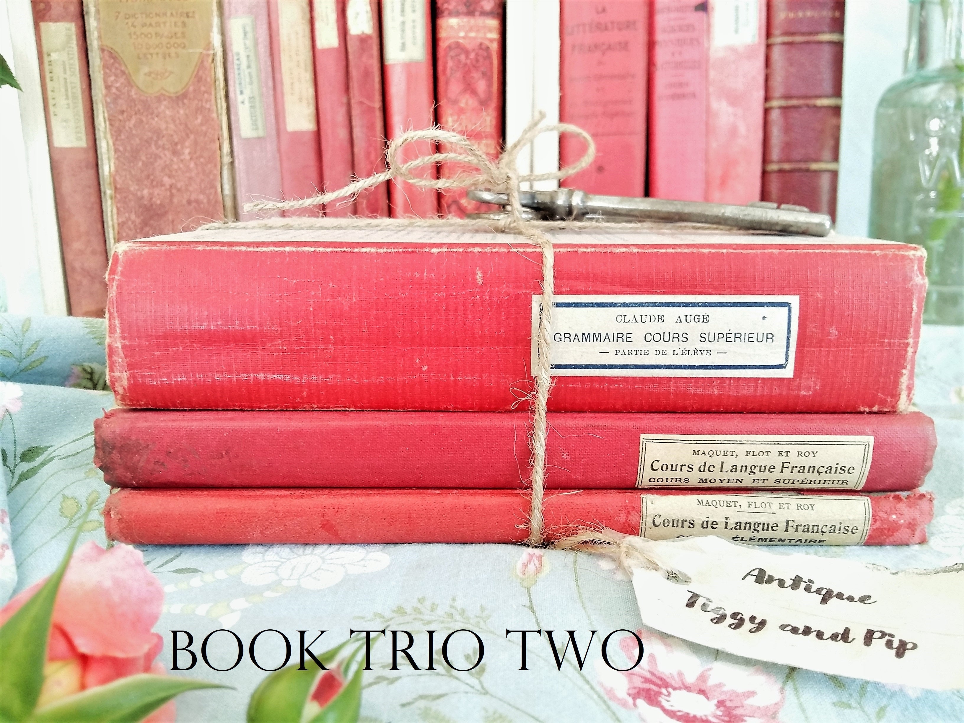 Stack of THREE Antique French Pink Books from Tiggy and Pip