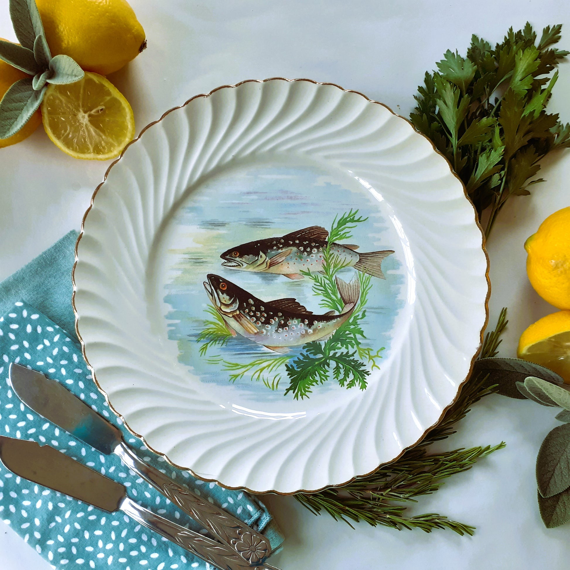 Eight 1950s French Fish Plates from Tiggy & Pip - Just €199! Shop now at Tiggy and Pip