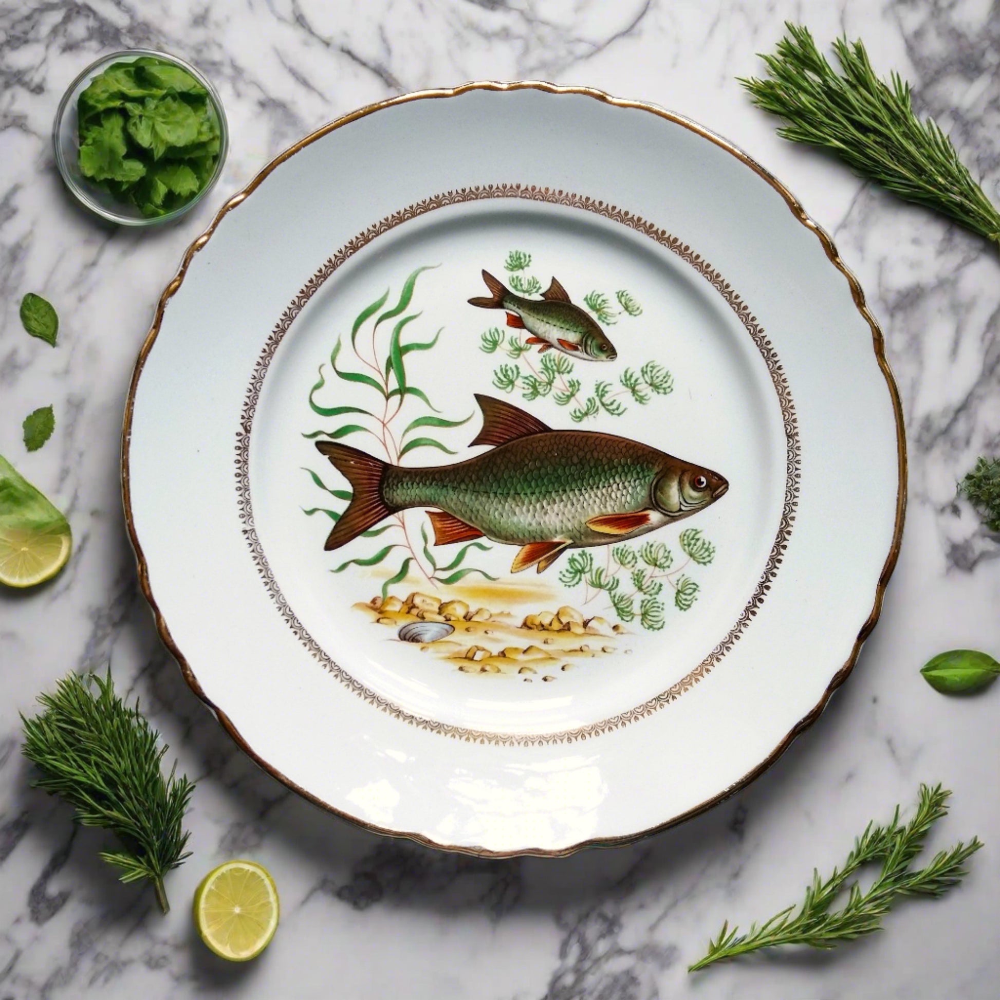 Six Vintage Fish Plates by Moulin des Loups from Tiggy and Pip - Just €168! Shop now at Tiggy and Pip