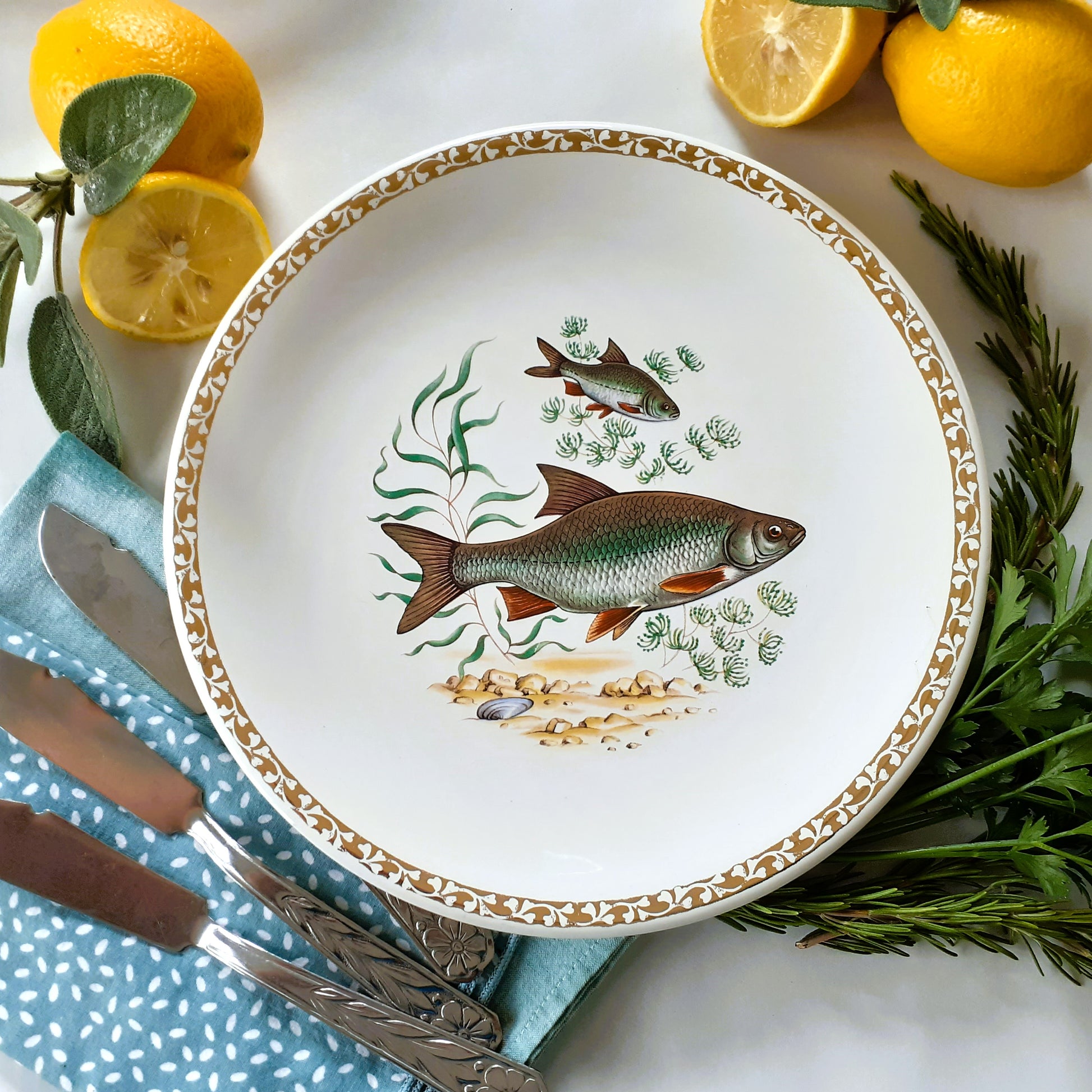 Six Longchamp Fish Plates and Fish Platter. from Tiggy & Pip - Just €225! Shop now at Tiggy and Pip