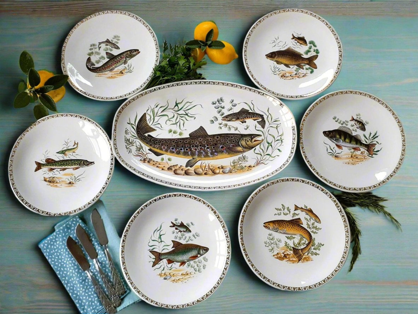 Six Longchamp Fish Plates and Fish Platter. from Tiggy & Pip - Just €225! Shop now at Tiggy and Pip