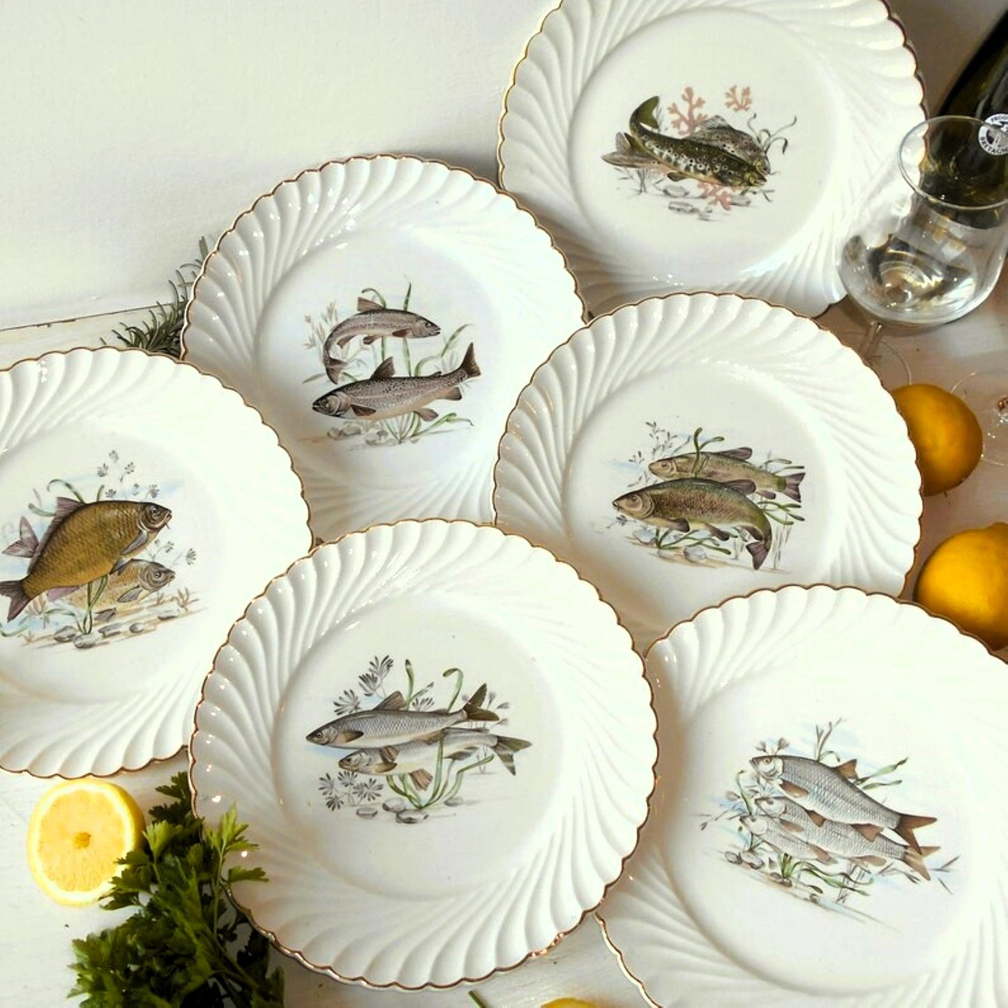 Six antique fish plates by Luneville, France from Tiggy & Pip - Just €168! Shop now at Tiggy and Pip