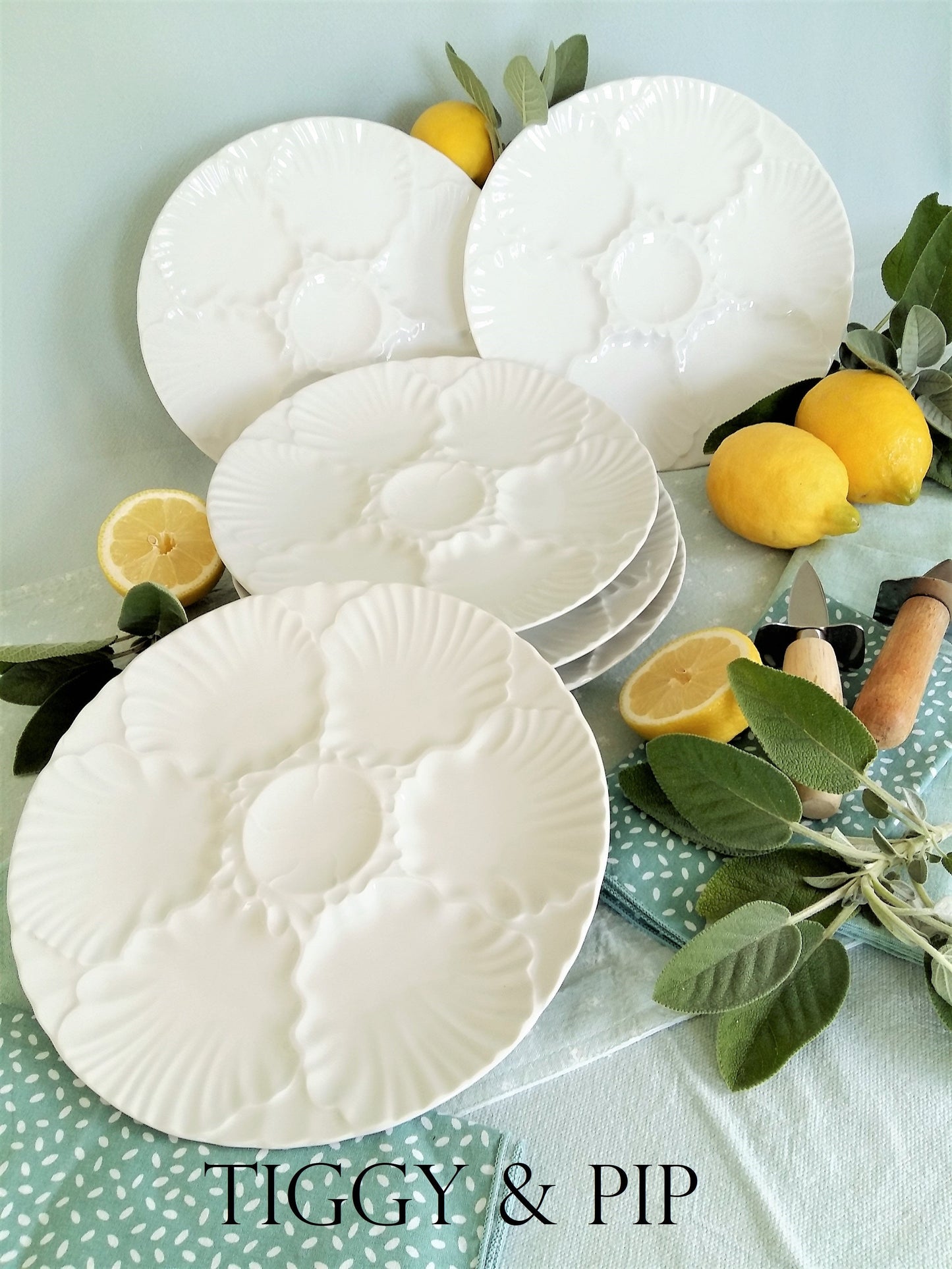 SIX Oyster Plates. Coastal Dinnerware. from Tiggy & Pip - Just €168! Shop now at Tiggy and Pip