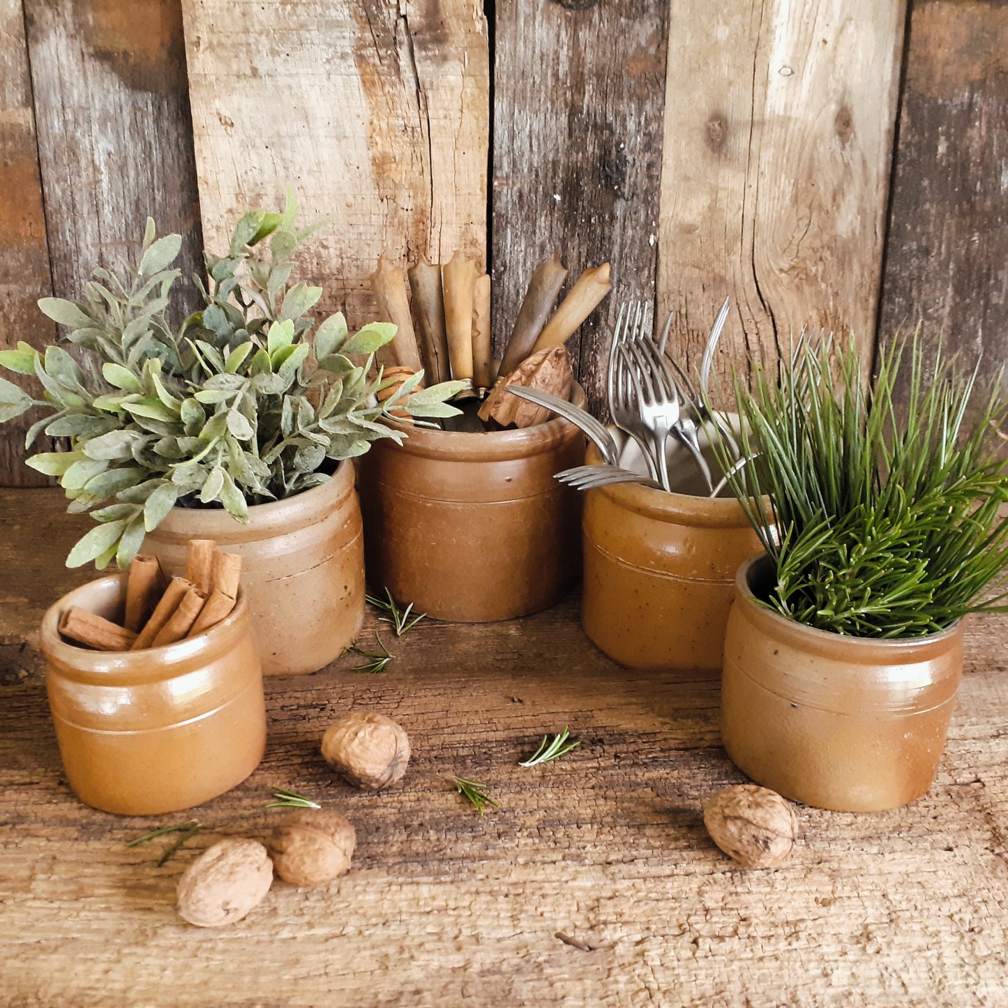 Five French Confit Pots. Kitchen Herb Planters/ Utensil Storage Jars. from Tiggy & Pip - Just €275! Shop now at Tiggy and Pip