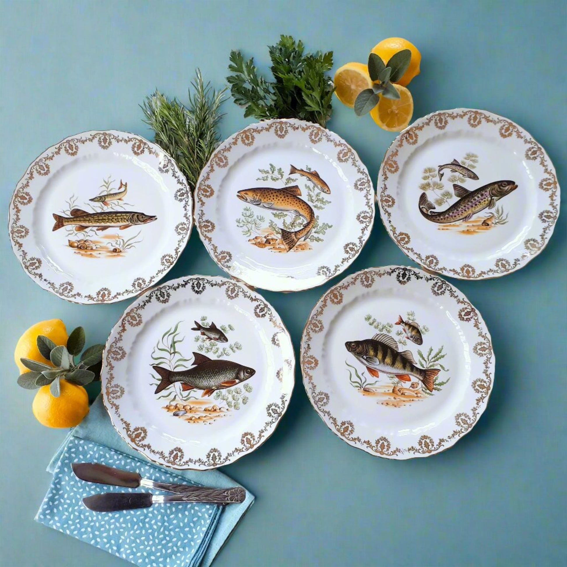 Set of Five French Porcelain Fish Plates from Tiggy & Pip - Just €140! Shop now at Tiggy and Pip