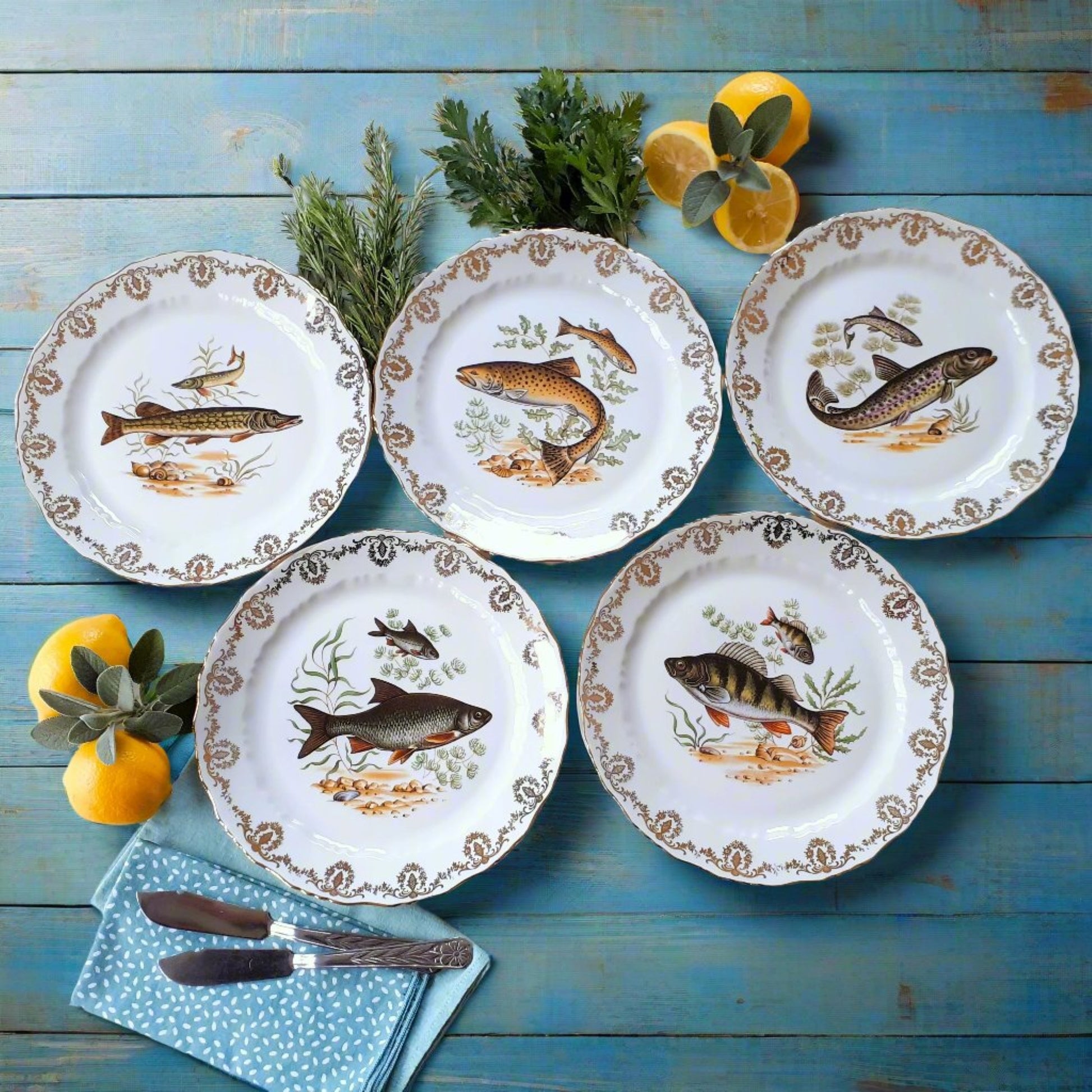 Set of Five French Porcelain Fish Plates from Tiggy & Pip - Just €140! Shop now at Tiggy and Pip