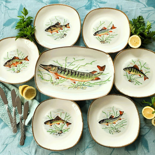 Six French Porcelain Fish Plates and Platter from Tiggy & Pip - Just €225! Shop now at Tiggy and Pip