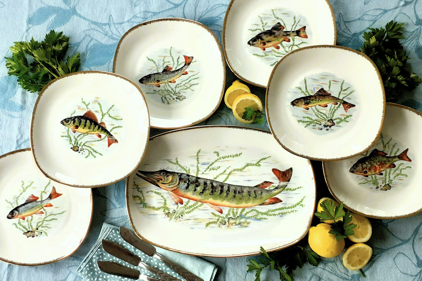 Six French Porcelain Fish Plates and Platter from Tiggy & Pip - Just €225! Shop now at Tiggy and Pip