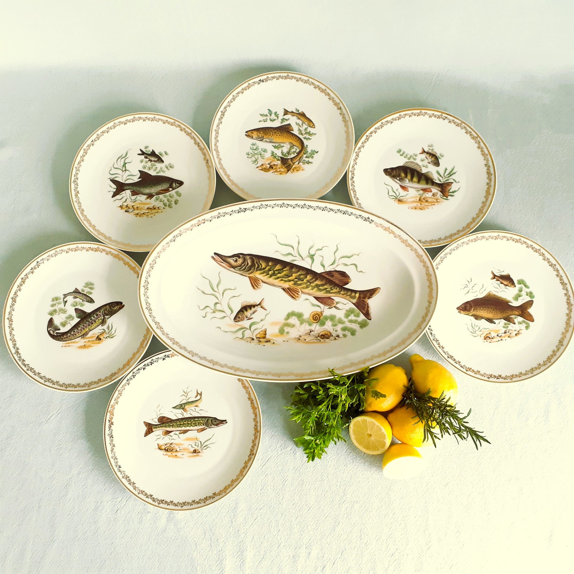 Limoges Dinnerware Set. Six Fish Plates and Platter from Tiggy & Pip - Just €220! Shop now at Tiggy and Pip