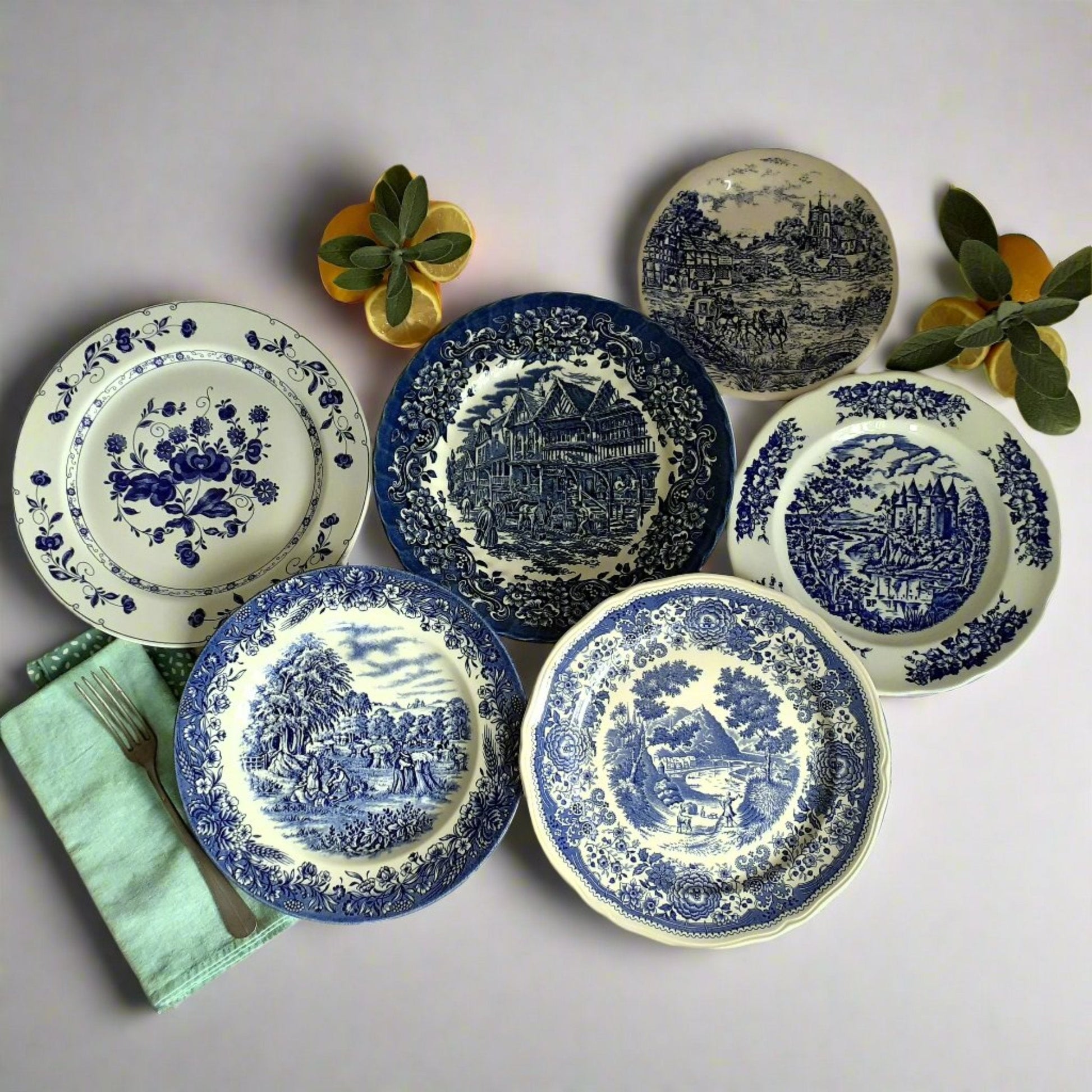 SIX Mismatched Blue and White Transferware Plates from Tiggy & Pip - Just €149! Shop now at Tiggy and Pip