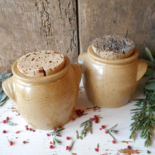 Two Stoneware Mustard Crocks with Vintage Cork Stoppers. French Mustard Jars. from Tiggy & Pip - Just €78! Shop now at Tiggy and Pip