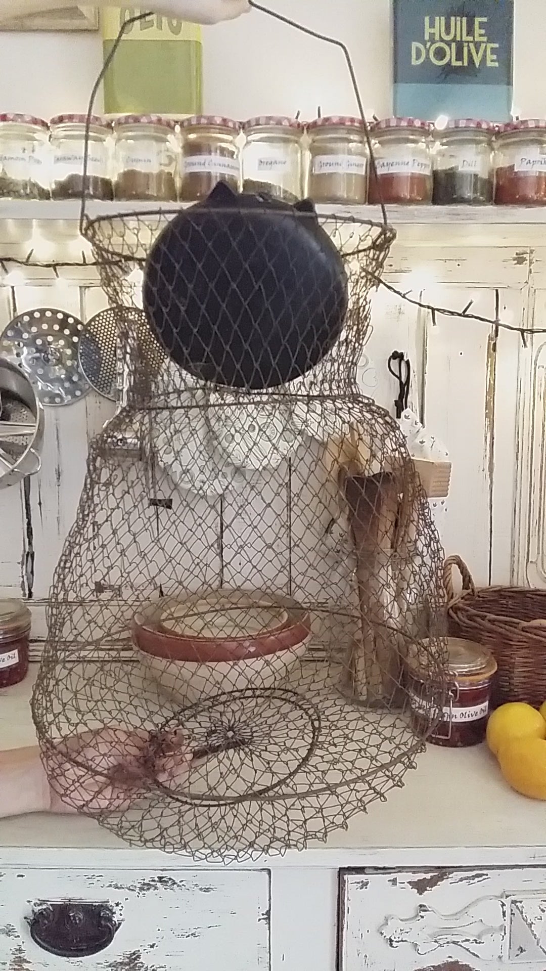 Enormous Wire Fishing Basket. Lidded, Collapsible, Wire Hanging